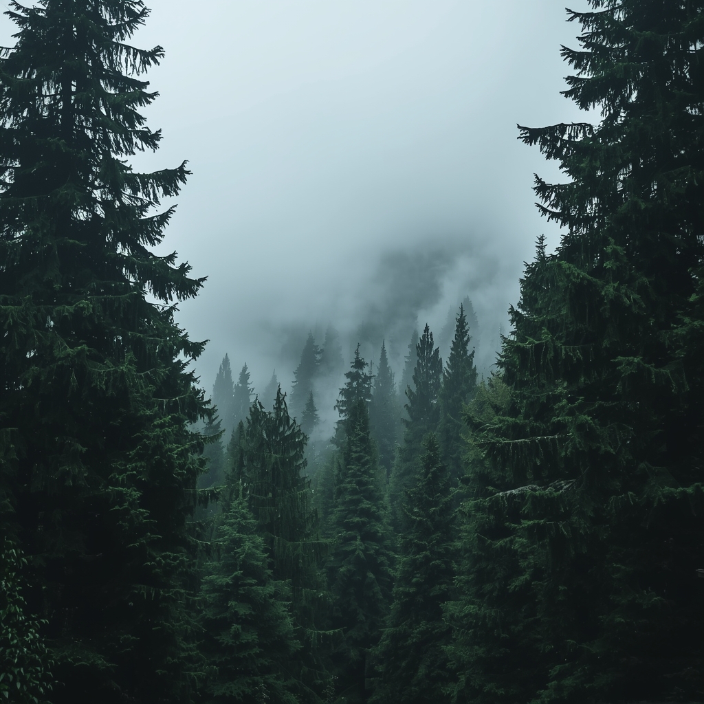 A dense, moody and atmospheric mountain forest enveloped in heavy, mystical morning fog, towering ancient evergreen trees framing the shot, cinematic lighting, incredibly detailed --no people